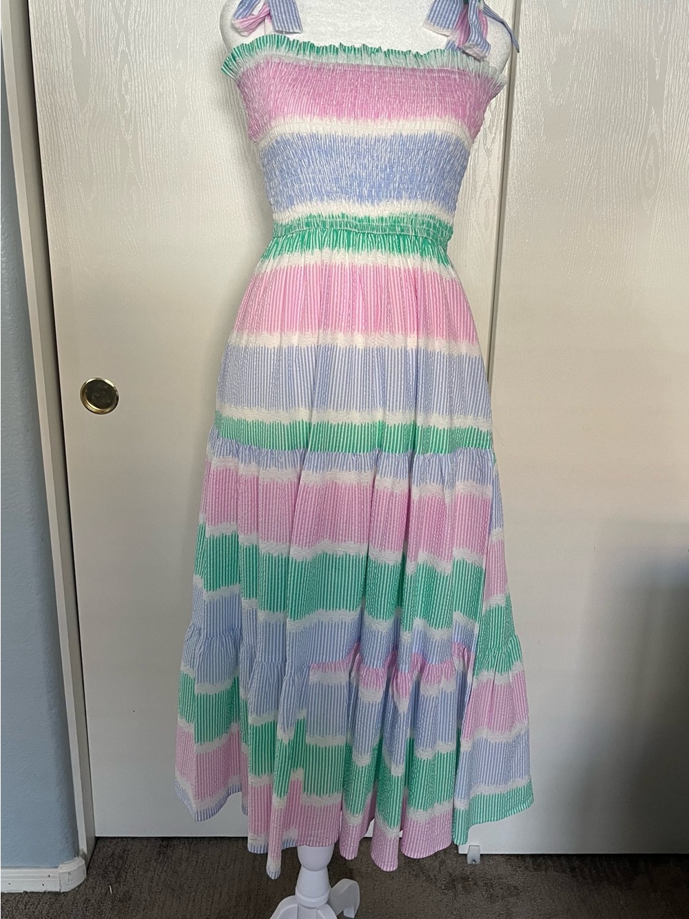 Smocked Striped Midi Dress in Pastel Pink, Blue & Green